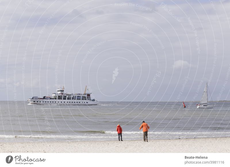 Time out - longing for holidays Ocean ship strollers Beach wide time-out vacation Longing Place of longing Vacation & Travel Relaxation Water coast Sand Tourism