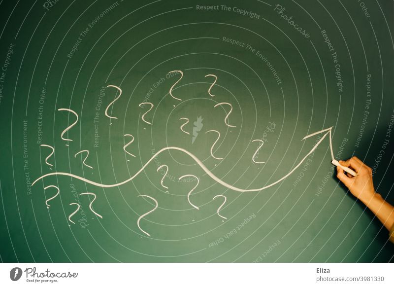 Finding the solution: One person draws an arrow that goes through many question marks Question mark solution-oriented Chalk Creativity ideas Think