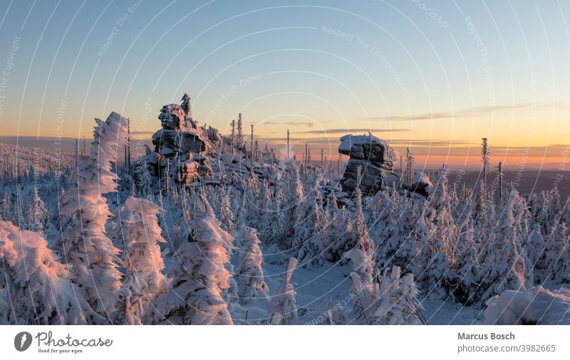 Three-seated rock in the evening light Triple chair Triple chair rock Rock Frost Summit Rocks granite rocks Sky Highlands Low mountain range landscape