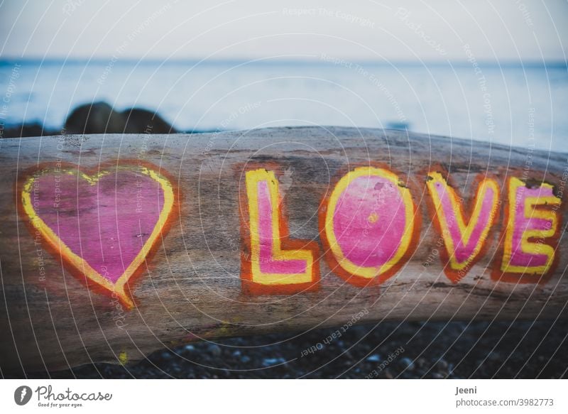 All you need is... ♥ LOVE | Love greeting on the beach | Tree trunk painted with a heart and the word Love in pink, yellow and red | Sea and coast in the background