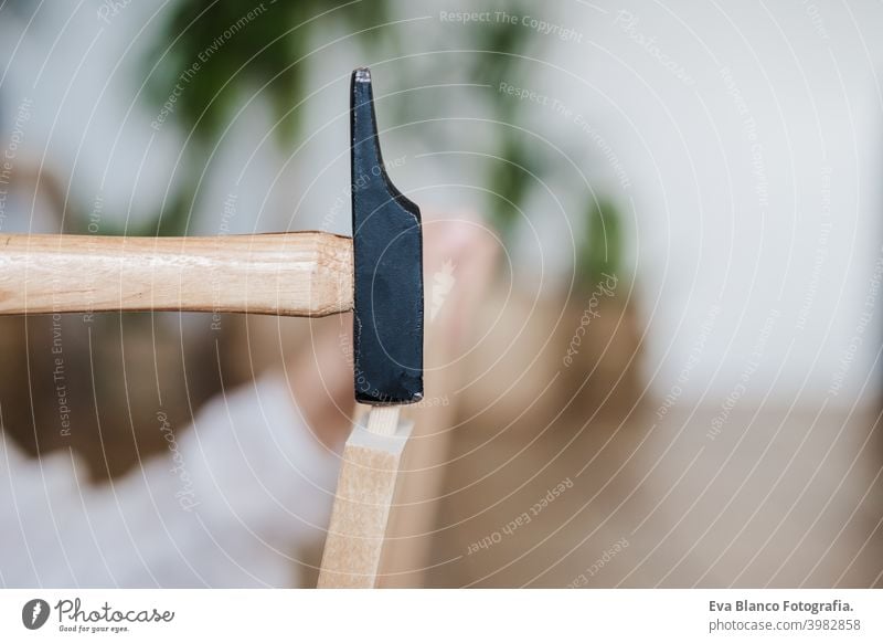 close up of young woman assembling furniture at home working with hammer. DIY concept do it yourself house caucasian indoor renovation young adult craft