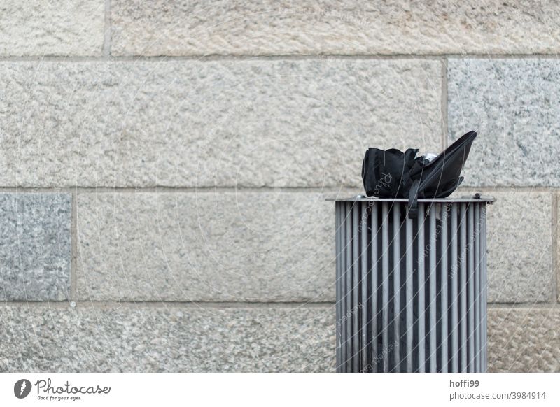 old umbrella in the garbage can - the rain is over Umbrella Trash container dustbin Waste management Garbage bag Refuse disposal Waste utilization Recycling