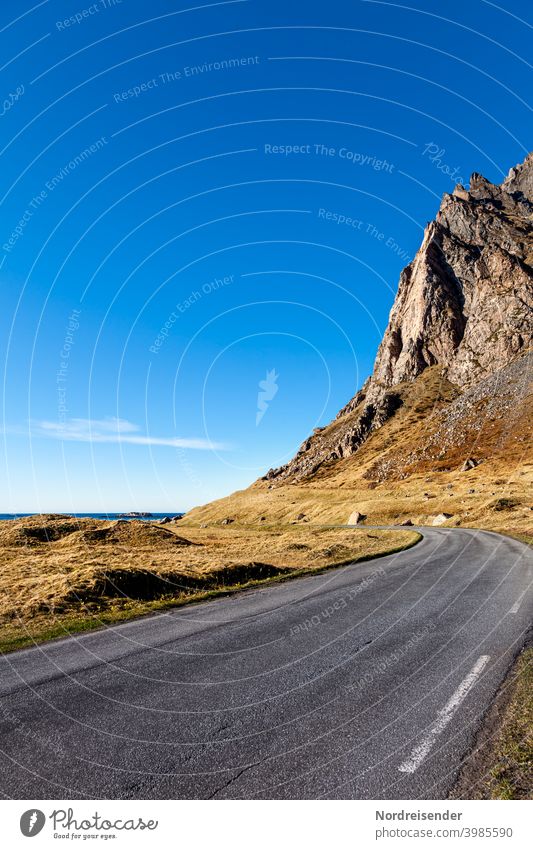 Coastal road on the Vesteralen in Norway Street Andøya Ocean Rock mountain cruise Country road Curve Traffic lane Transport Driving Asphalt deceleration