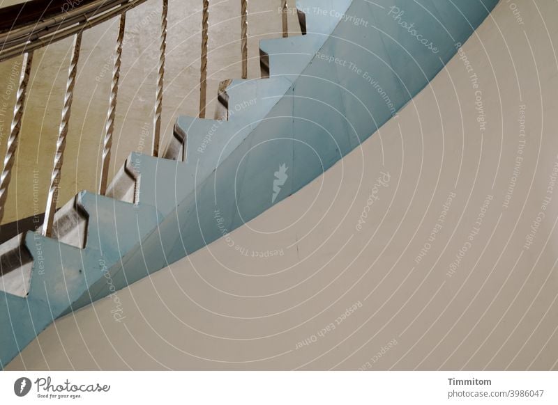 Up the lighthouse step by step Stairs Winding staircase stair treads rail handrail Wood Metal Blue Tall Interior shot Lighthouse up Curved lines