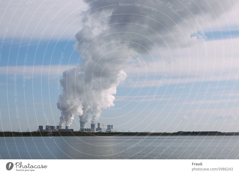 Cloud maker power plant with smoking chimneys Lake Lakeside power station Coal power station Lignite Electricity generating station Smoke Chimney Smokestacks