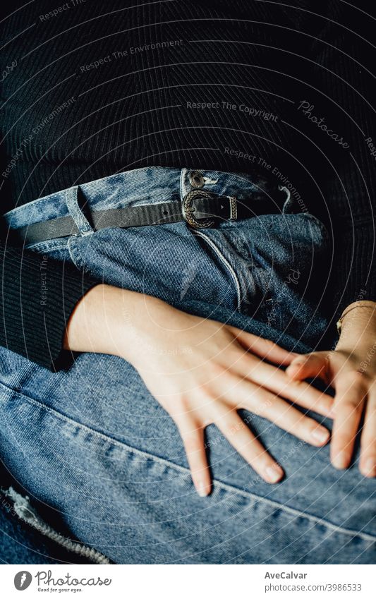 A close up of a woman on mom jeans hip sensual waist glamour seductive mother lady manicure blank figure front plain body fit back basic indigo isolated model