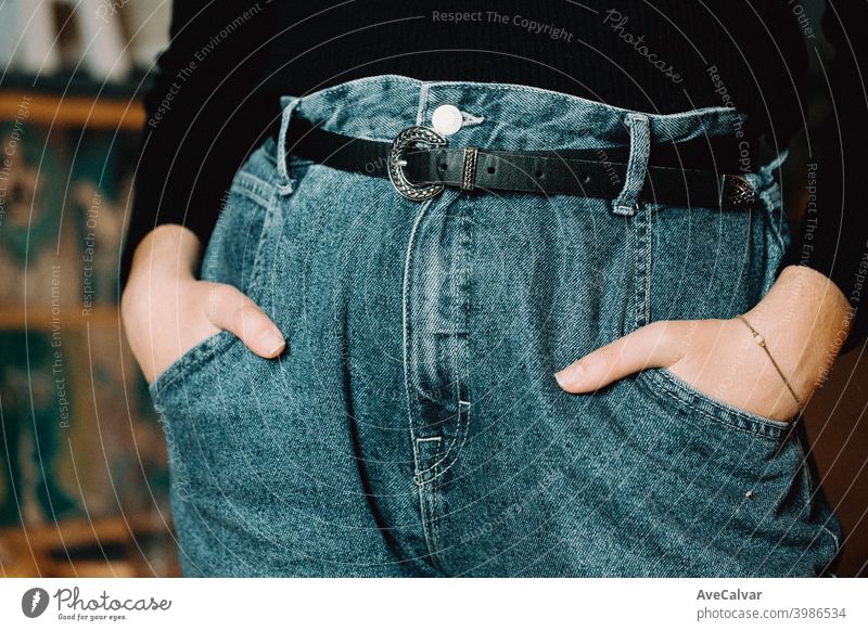 A close up of a woman on mom jeans hip sensual waist glamour seductive mother lady manicure blank figure front plain body fit back basic indigo isolated model