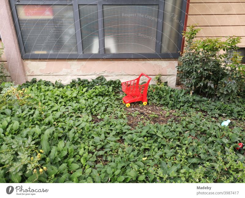 Red shopping trolley in bright red with yellow wheels for children in the green front garden of a kindergarten in the West End of Frankfurt am Main in the German state of Hesse