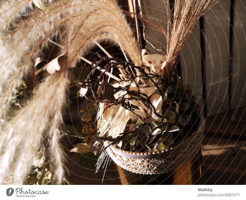 Arranged bouquet of dried flowers and grasses in natural colours in autumn sunshine in front of a nursery in Oerlinghausen near Bielefeld in the Teutoburg Forest in East Westphalia-Lippe