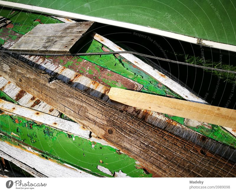 Ailing green old wooden rowing boats in summer sunshine at the Alpsee bath in Schwangau at the Alpsee near Füssen in the Free State of Bavaria Wood wooden boat