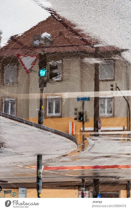 Flooding Puddle Apartment Building Reflection optical illusion dwell House (Residential Structure) Perspective Wet Apartment house Window Water Autumn