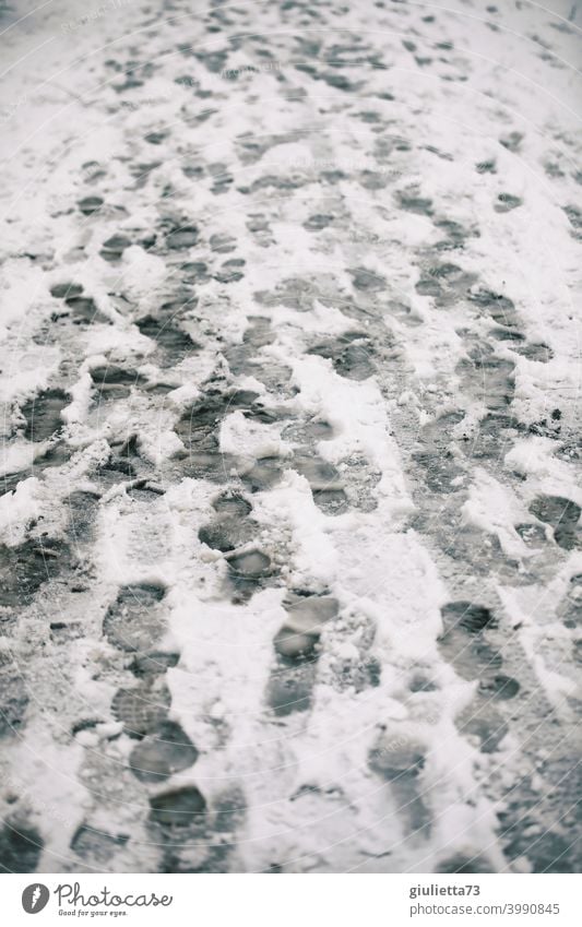 Footprints in the snow Tracks Snow footprints tracks in the snow Winter winter footsteps Going Walking Movement enlivens Lanes & trails off Cold Many busy Time