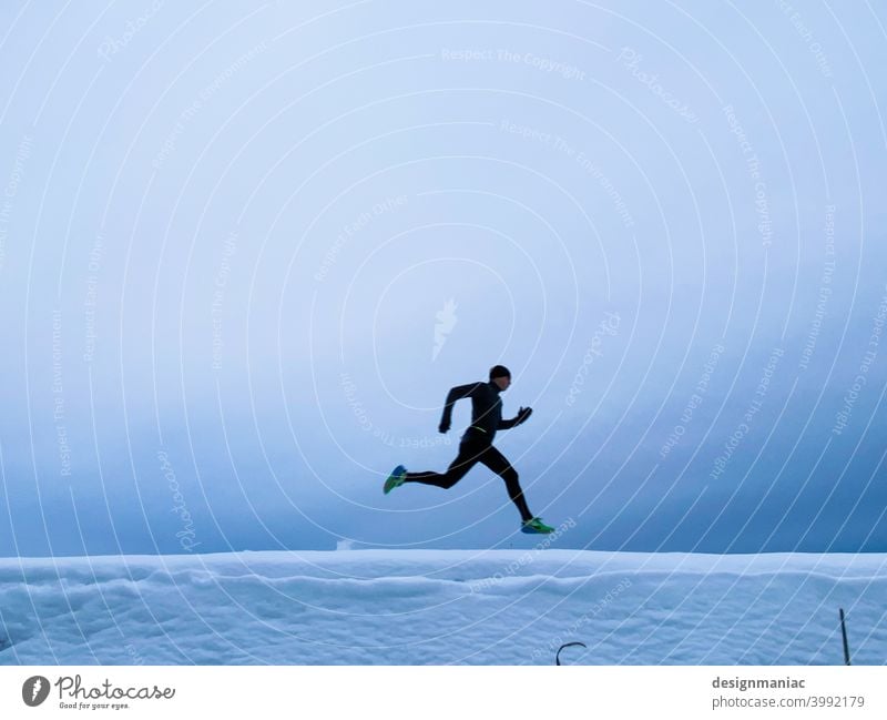 Winter Run Silhouette Fog Above the clouds Clouds Amazing Mystic Lanes & trails Cold cold season Sky Sky blue cloudy cloudy sky Shroud of fog foggy Man Black