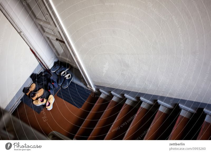 shoes at the door sales Descent Downward Old building ascent Upward visit Window rail House (Residential Structure) Apartment house Deserted apartment building