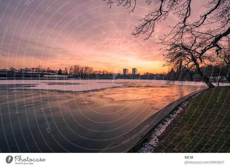 Dramatic sunset over the frozen lake in Herastrau Park in Bucharest, Romania Sunset sky sunset mood city park evening sky dramatic sky Lake Winter Winter mood