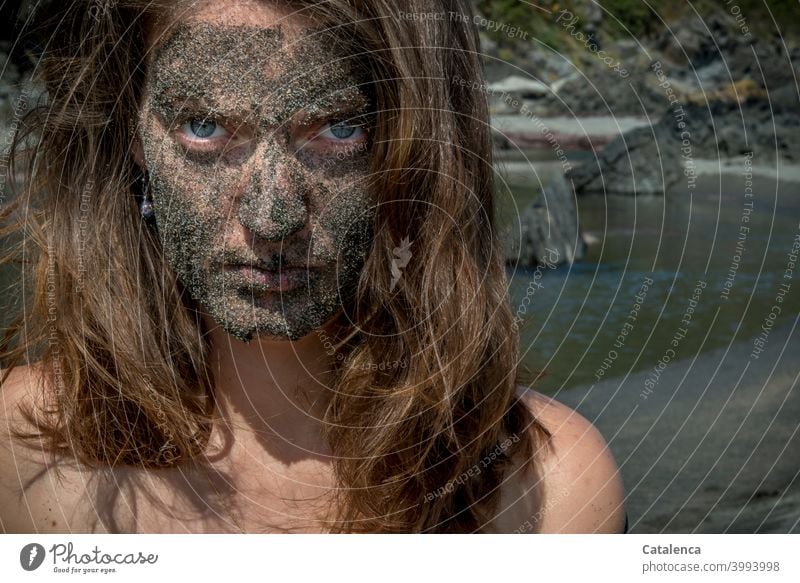 Borderline | Without sunscreen on the beach portrait Woman feminine Brunette long hair blue eyes Face evil eye Human being Beach Long-haired