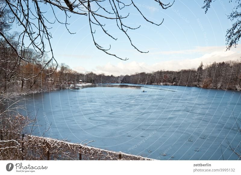 Plötzensee in winter Vantage point Empty reinickendiórf Berlin sudden lake winter holidays Frost Ice Sheet frozen Lake Twig Winter Depth of field Copy Space