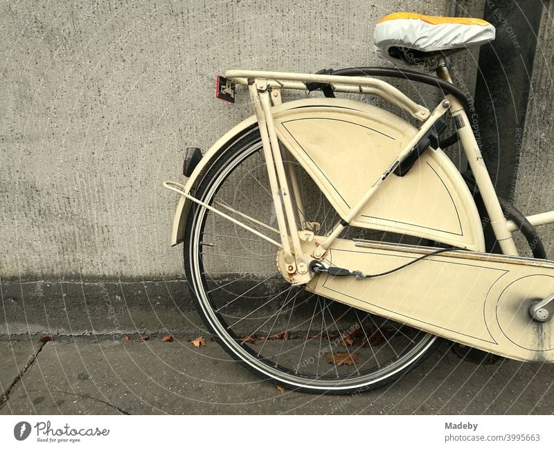 Classic Holland bike in beige with saddle cover in front of a matching house wall in Cologne on the Rhine in North Rhine-Westphalia Wheel Bicycle hollandrad