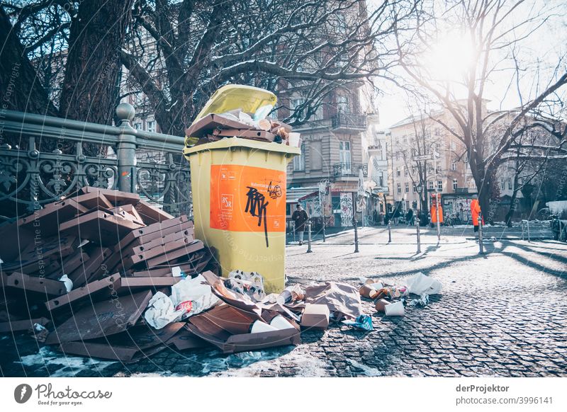 Admiralsbrücke with overfilled garbage can in winter in Kreuzberg Wall (barrier) Wall (building) Hip & trendy Light Day Copy Space middle Exterior shot