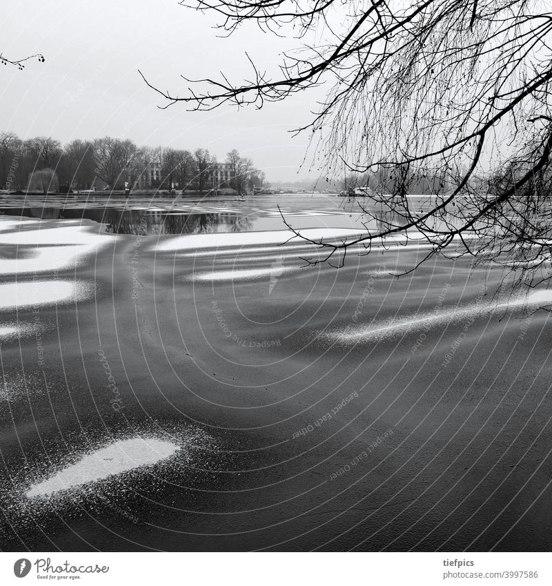 Ice surfaces in the Rummelsburger Bucht in the Treptower Park in Berlin with snow Snow Winter Island Lake Rummelsburg Abstract abstraction Frost Water Spree