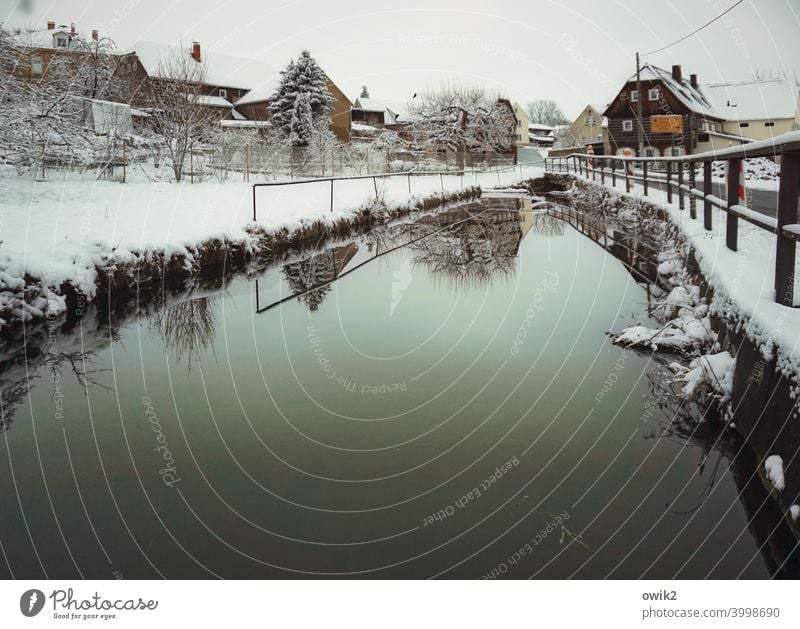 village pond Village Lausitz forest Saxony houses Street Electricity pylon Water Lake reflection Reflection rail Sky Cloudless sky windless Water reflection