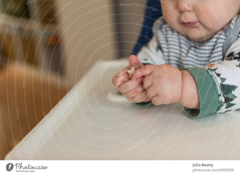 7 month old baby learning pincer grasp to eat small puff cereal; two hands grasp food baby led weaning palmar infant child 6 months old solid food homemade