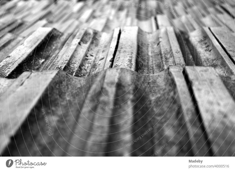 Dirty old roof tiles on a farmhouse in Rudersau near Rottenbuch in the district of Weilheim-Schongau in Upper Bavaria, photographed in classic black and white