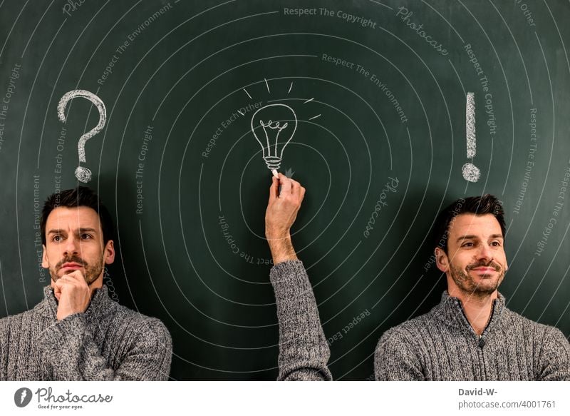 Question - Idea - Answer / The Solution solution Success concept incursion Electric bulb Creativity creatively ? ! question Know Blackboard Chalk Inspiration