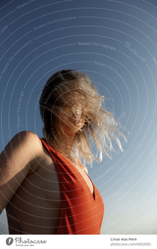 Golden hour is a perfect time for a portrait of a blonde model with messy hair. Dressed in a red swimsuit she has an endless blue sky behind her pretty back. It feels like long waited holidays are here.