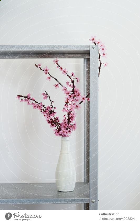 spring branch Twig Spring Pink interior Decoration Vase Flower vase vintage Blossom come into bloom Delicate pretty Blossoming Interior shot unostentatious