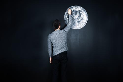 Art - Man paints a moon on the wall Full  moon Creativity Painting (action, artwork) Draw Moon Chalk Blackboard Romance imagination fantasy world Night Talented