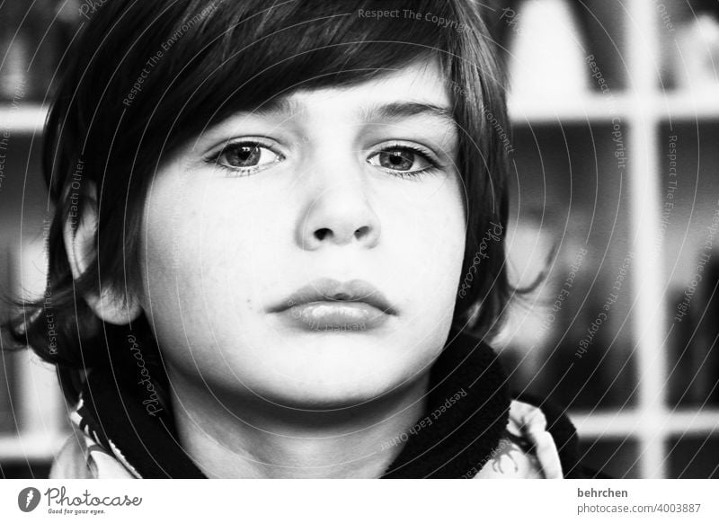 . Black & white photo Intensive Family & Relations Emotions Close-up portrait Boy (child) Light Son Child Sunlight Contrast Day Face Infancy Earnest long hairs