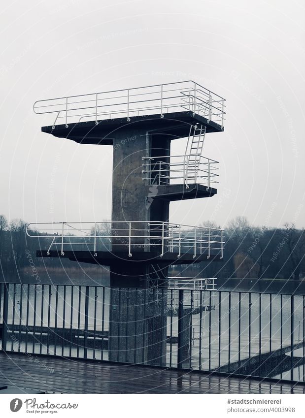 Diving tower in winter diving platform Swimming pool Water Swimming & Bathing Joy Aquatics Open-air swimming pool Jump Leisure and hobbies Exterior shot