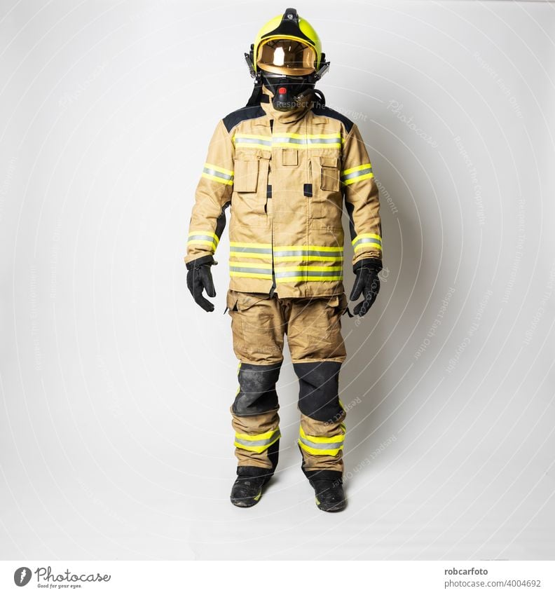 firefighter man on white background gear adult fireman service person portrait safety uniform protection yellow isolated caucasian occupation standing wearing