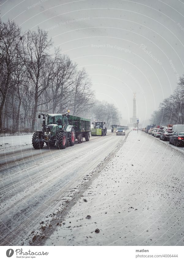 wintry protest Winter mood Tractor Demonstration june 17th Berlin Berlin zoo Victory column Landmark jam Police Force Snowfall Transport Farming demo