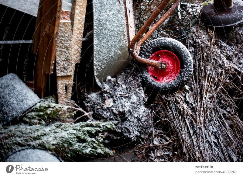 First snow in the corner of the garden Berlin Garden Virgin snow Snow Snow layer Garden plot Town urban Winter onset of winter allotment Pot Flowerpot Break