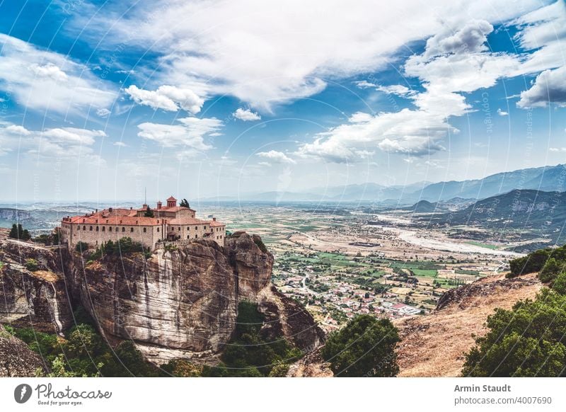 Meteora, Monastery of St. Stephen and the great landscape of the valley behind Kastraki aerial architecture beautiful cliff cloudscape culture europe far greece