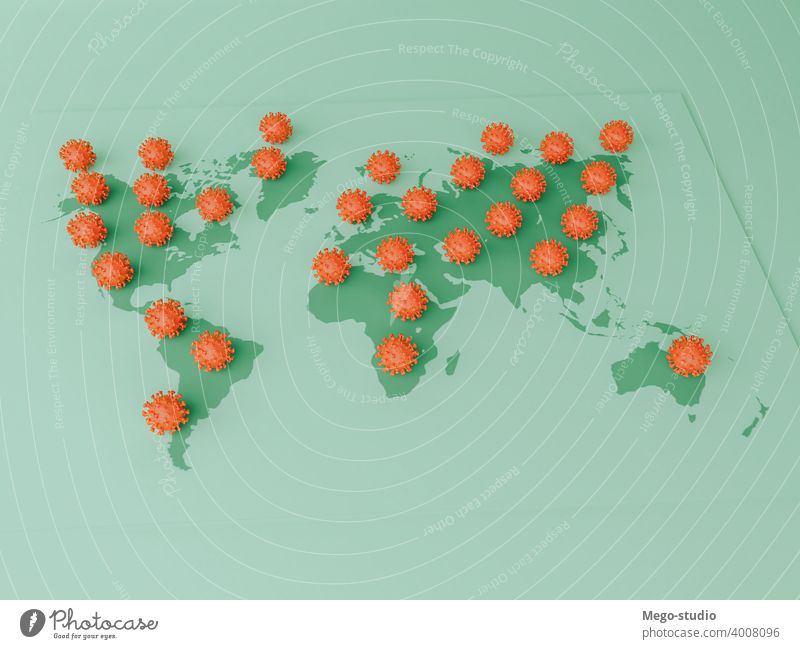 3D Illustration. Covid-19 cells on a world map. 3d covid-19 pandemic coronavirus medicine disease infection health influenza sickness risk health care concept