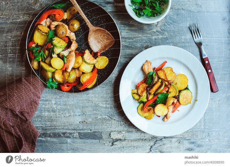 tasty healthy farm style dinner - chicken breast baked with seasonal vegetables potato pepper meat turkey food meal roasted zucchini lunch cuisine grilled onion