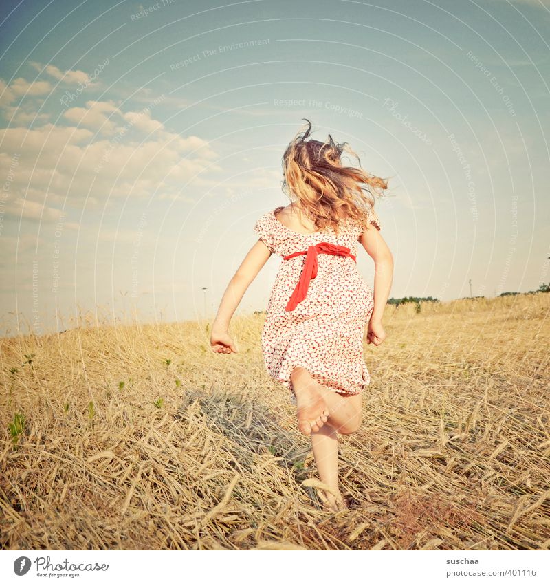 girl in cornfield from behind Feminine Girl Child Infancy Head Hair and hairstyles Arm Legs Feet 3 - 8 years Environment Nature Landscape Sky Horizon Summer