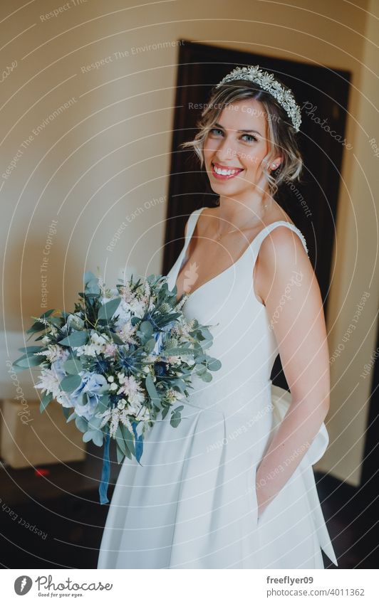 Portrait of a bride with her bouquet wedding marriage engagement people young attractive copy space dress love woman fine elegance caucasian person beauty