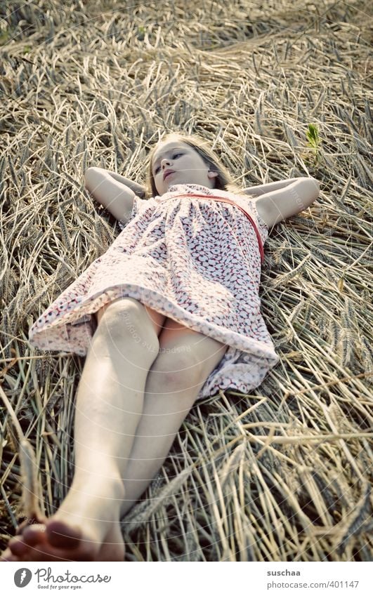 girl (in straw) Feminine Child Girl Infancy Body Face Arm Legs Feet 8 - 13 years Summer Climate Beautiful weather Field Lie Calm Relaxation Break Restful