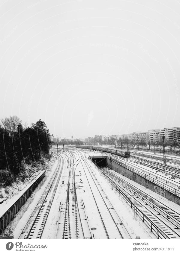 Train on rail network at the station in the snow Tram Curve Network Tunnel Rail transport lines Cold snow-covered White Black Railroad Industry Atmosphere