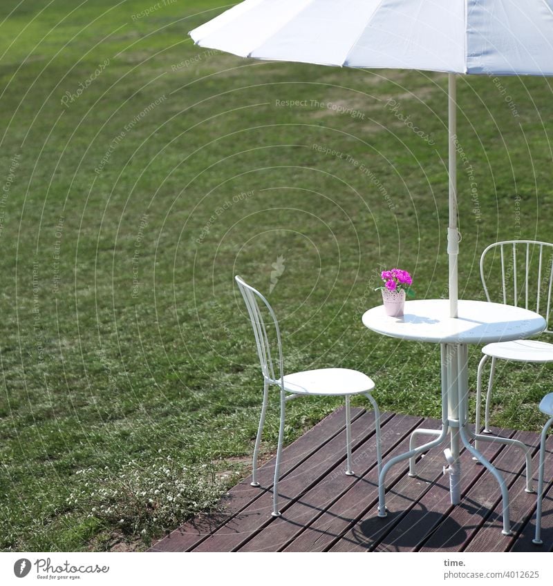 the guest is gone Chair chairs Table Sunshade Flowerpot Meadow Summer sunny Shadow Empty Lonely decoration