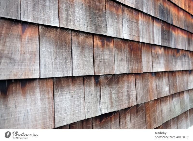 Rectangular shingles with patina on the façade of an old residential house in autumn in Wettenberg Krofdorf-Gleiberg near Gießen in Hesse Facade