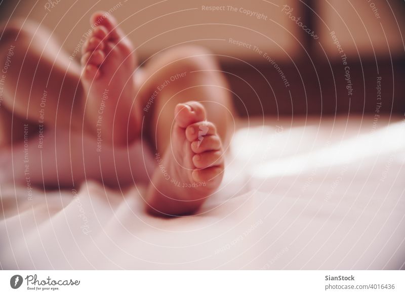 Close up of infant baby feet. foot newborn small white sleeping bed childhood closeup tiny body beautiful life care skin cute caucasian love sweet little people