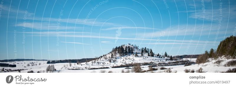 Panorama - Swabian Alb, Salmendingen Chapel in winter children fun Alps Skiing white background Sun Swabian Jura White Snow Winter Powder snow Forest Sunlight