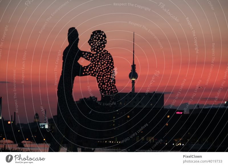 Sculpture Molecule man in Berlin Tourism Capital city Downtown Berlin Landmark Germany Treptow, Exterior shot Sculpture, Night, Molecule man, Monument