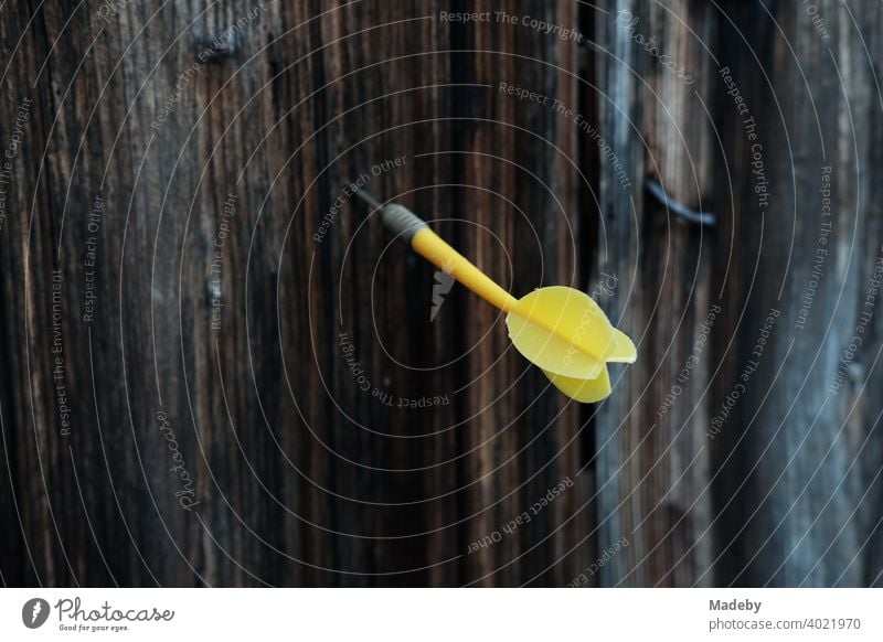 Yellow dart in the brown wood of an old barn on a farm in Rudersau near Rottenbuch in the district of Weilheim-Schongau in Upper Bavaria Arrow Dart game Strike