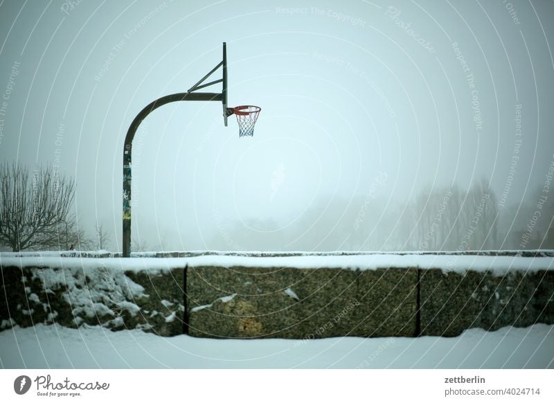 Baluschekpark with basketball hoop baluschek park Tree Berlin Germany hazy Haze Ice February Closing time holidays Frost Capital city Sky Cold chill Deserted